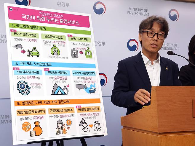 금한승 환경부 차관이 2일 정부세종청사 환경부 기자실에서 2026년도 환경부 예산 및 기금의 총지출을 올해 대비 7.5% 증가한 15조9천160억원으로 편성했다고 설명하고 있다. 연합뉴스