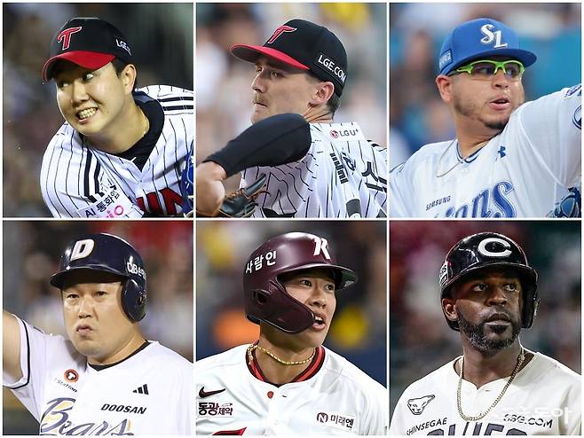 LG 유영찬, 앤더스 톨허스트, 삼성 아리엘 후라도, SSG 기예르모 에레디아, 키움 송성문, 두산 양의지(왼쪽 위부터 시계 방향)가 8월 월간 MVP 후보로 선정됐다. 스포츠동아DB·LG 트윈스·삼성 라이온즈·SSG 랜더스·두산 베어스 제공