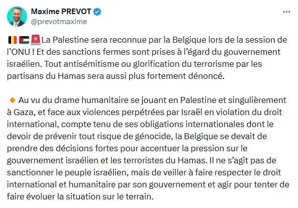 막심 프레보 벨기에 외무장관의 엑스(X) 게시물. [X 캡처. 재판매 및 DB 금지]