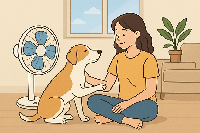 강아지는 선풍기만으로 체온 조절이 어려워 선풍기 앞에 젖은 수건을 거는 것을 병행해야 효과적이다.(AI 생성 이미지)