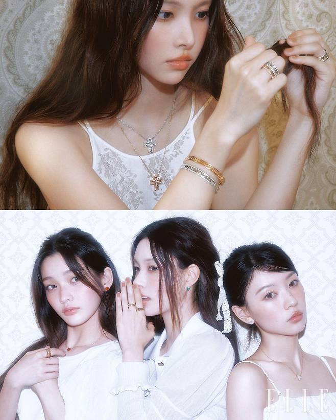 (위) 다이아몬드 세팅 화이트골드 벨 에포크 네크리스, 다이아몬드 세팅 핑크골드 벨 에포크 네크리스, 오른손에 착용한 다이아몬드 세팅 화이트골드 5.7mm 벨 에포크 릴 링, 다이아몬드 세팅 핑크골드 벨 에포크 릴 링, 핑크골드 벨 에포크 릴 브레이슬릿, 다이아몬드 세팅 화이트골드 벨 에포크 릴 브레이슬릿, 왼손에 낀 화이트골드 8.3mm 벨 에포크 릴 링은 모두 Damiani. 레이스 톱은 Ych. (아래) 이로하가 착용한 하트 모양의 골드 벨 에포크 이어링과 네크리스, 다이아몬드 세팅 핑크골드 벨 에포크 릴 링과 레이어드한 핑크골드 벨 에포크 릴 링은 모두 Damiani. 톱은 WeakGeneration. 윤아가 착용한 다이아몬드와 말라카이트를 세팅한 하트 모양의 옐로골드 벨 에포크 이어링과 네크리스, 검지에 낀 옐로골드 벨 에포크 릴 링, 중지에 낀 다이아몬드 세팅 옐로골드 벨 에포크 릴 링은 모두 Damiani. 니트 톱은 Vivienne Westwood. 모카가 착용한 다이아몬드와 자개를 세팅한 하트 모양의 벨 에포크 이어링, 다이아몬드와 자개를 세팅한 핑크골드 벨 에포크 네크리스는 모두 Damiani. 톱은 Sinoon.