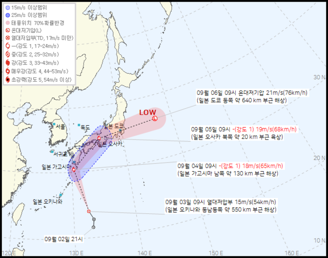 ▲ 기상청은 3일 오전 9시 기준 서태평양에서 발생한 제34호 열대저압부(TD)가 24시간 이내에 제15호 태풍 ‘페이파(PEIPAH)’로 발달할 것으로 전망했다. 사진은 제 34호 열대저압부 경로. [기상청 제공]