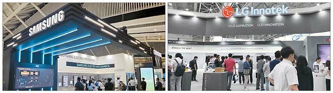 3일 인천 송도 컨벤시아에서 열린 국내 최대 반도체 기판 전시회 'KPCA쇼 2025'에서 삼성전기는 서버·AI용 초대형 FC-BGA와 차세대 글라스코어 기판을 선보였다. LG이노텍은 기판 크기를 줄이고 발열을 개선한 세계 최초 코퍼 포스트 기술과 대면적 FC-BGA를 공개하며 차세대 시장 주도권 경쟁에 나섰다.  삼성전기·LG이노텍