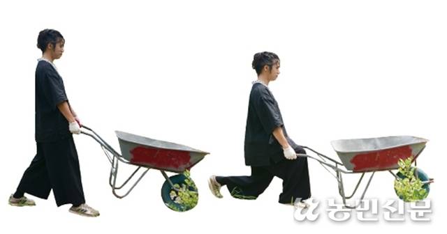 손수레를 이용한 런지. 뒤쪽 무릎이 땅에 닿기 전에 일어선다.