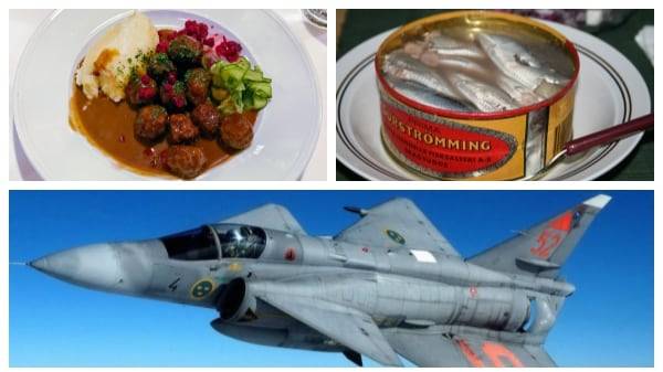 스웨덴식 고기완자인 셰트불라르(위 왼쪽)와 발효한 청어인 스루스트뢰밍은 빠지고, 사브 비겐 전투기는 포함됐다.