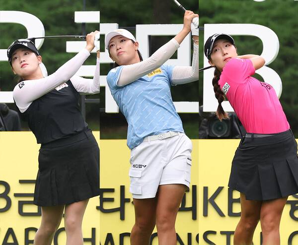 2025년 한국여자프로골프(KLPGA) 투어 메이저 대회 KB금융 스타챔피언십 1라운드에서 동반 경기한 노승희, 방신실, 이동은 프로가 티샷을 날리는 모습이다. 사진제공=KLPGA (사진을 무단으로 사용하지 마십시오)