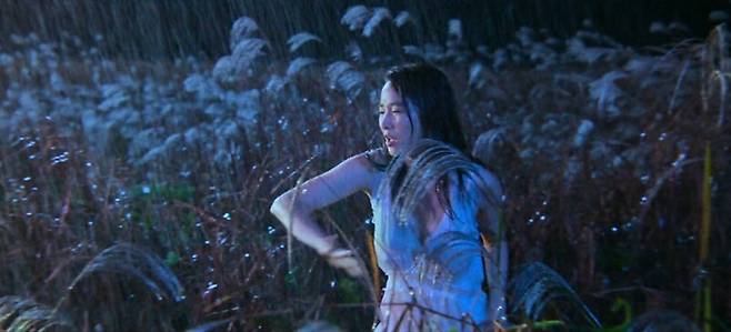 ‘애마’ 3회. 애마가 얇은 잠옷 차림으로 천둥 번개와 비바람을 뚫고, 갈대에 찔리고 찢기면서 새 애인을 만나러 간다. 직접 노출 없이 관음의 효과를 극대화한 장면. 넷플릭스 제공