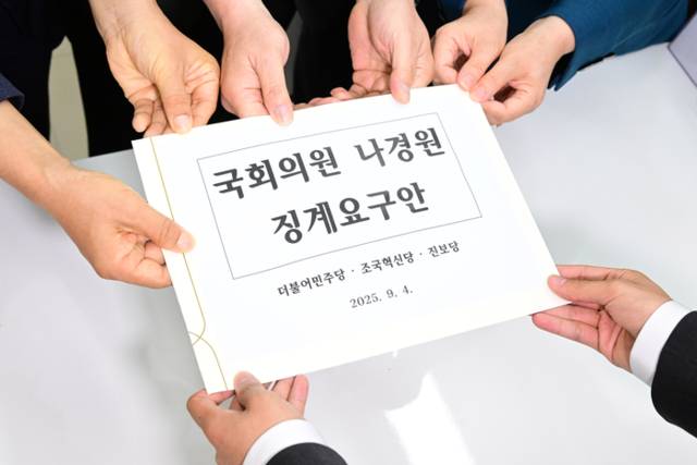 ▲ 더불어민주당 이재강, 이성윤 의원, 조국혁신당 정춘생 의원, 진보당 전종덕 의원 등이 4일 서울 여의도 국회 의안과에 나경원 의원 징계요구안을 제출하고 있다.  연합뉴스