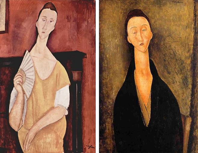 (왼쪽) 모딜리아니, 부채를 든 여인, 1919, 캔버스에 유채, 100x65cm. / ⓒ 파리시립현대미술관, (오른쪽) 모딜리아니, 루냐 체코프스카, 1919, 캔버스에 유채, 80x52cm / ⓒ Museu de Arte Assis Chateaubriand (MAC)
