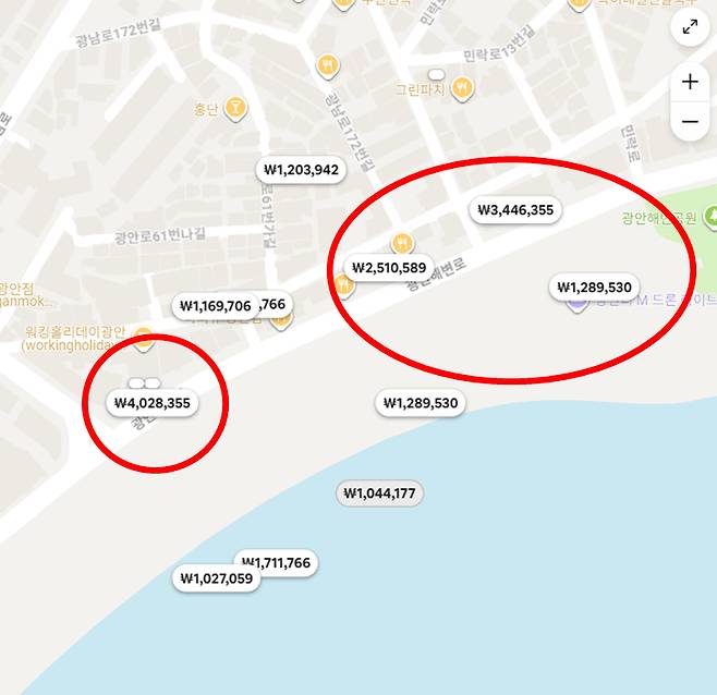 2025 부산불꽃축제 기간 광안리 일대 숙소들의 1박 가격 [에어비앤비 캡처]