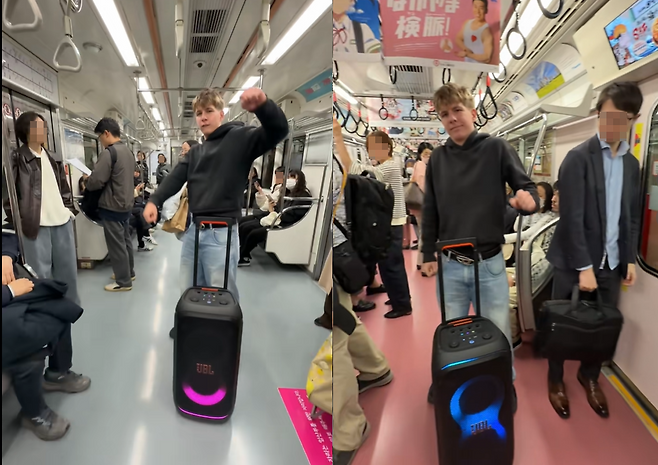 다수 외신에서 논란이 된 독일 출신 틱톡커의 영상. 왼쪽은 서울 지하철에서 촬영된 장면이고, 오른쪽은 일본 도쿄 전철에서 찍힌 모습.  [틱톡 @simon.bth 캡처]