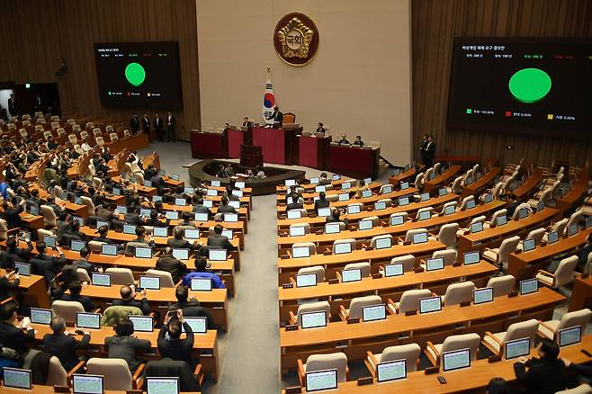 윤석열 전 대통령이 비상계엄을 선포한 가운데 2024년 12월4일 새벽 서울 여의도 국회 본회의에서 비상계엄 해제 요구 결의안이 재석 190명, 찬성 190명으로 가결되고 있다. 국민의힘 의원 108명 가운데 18명만이 의결에 참여해 찬성표를 던졌다. 연합뉴스