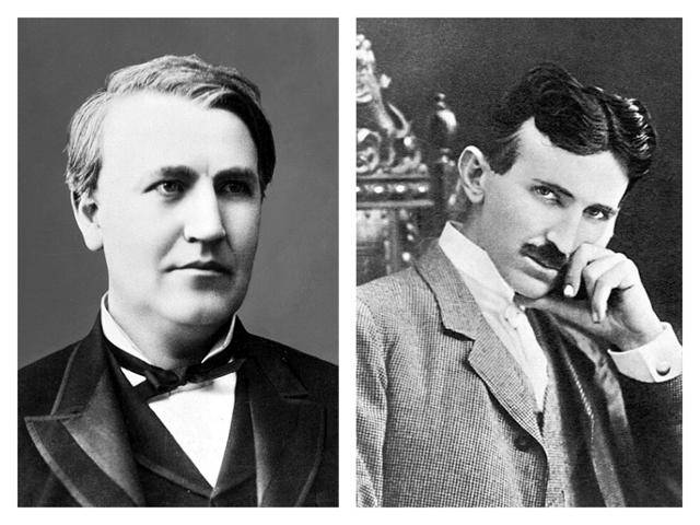 19세기 말 전류 전쟁의 두 주역인 토머스 에디슨(왼쪽)과 니콜라 테슬라. 위키피디아