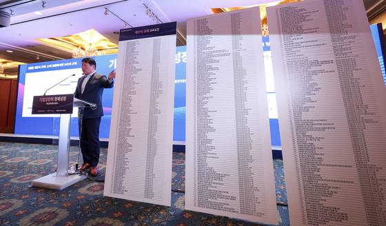 최태원 대한상의 회장이 4일 오전 서울 중구 소공동 롯데호텔에서 열린 대한상의 기업성장포럼 출범식에서 343개의 계단식 규제에 대해 설명하고 있다. 뉴스1