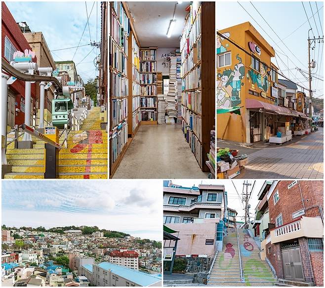 넓은 해변 대신 어제와 오늘이 공존하는 부산의 동네 길을 걷는다. 책방골목부터 가파른 계단, 삶이 녹아있는 시장까지. 바다 없는 부산 여행은 또 다른 깊이를 품고 있다. 왼쪽부터 시계방향으로 닥밭골 소망계단 모노레일, 보수동 책방골목, 웹툰이바구길, 그리고 초량동과 168계단. 사진 김기쁨 작가