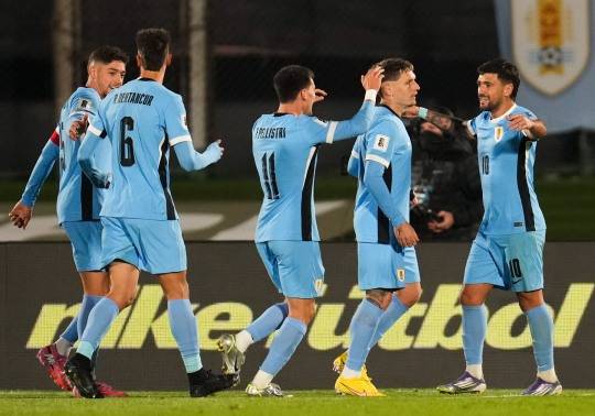 페루와 경기에서 골 세리머니 하는 우루과이 대표팀 선수들. 사진[AP=연합뉴스]