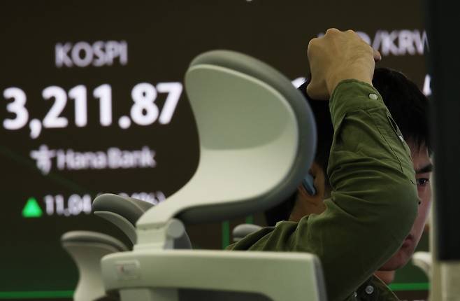 5일 오전 서울 중구 하나은행 본점 딜링룸 전광판에 실시간 코스피가 표시돼 있다. [연합]