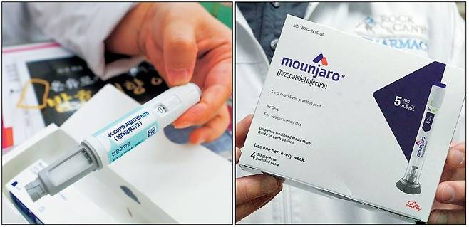 비만치료제 개발의 여파가 식생활, 술, 패션, 레저 산업까지 이르고 있다. 때문에 시장이 초기 단계임에도 이들 업계는 유불리 계산에 분주하다. 사진은 비만치료제 ‘위고비(왼쪽)’와 ‘마운자로’  [연합·로이터]