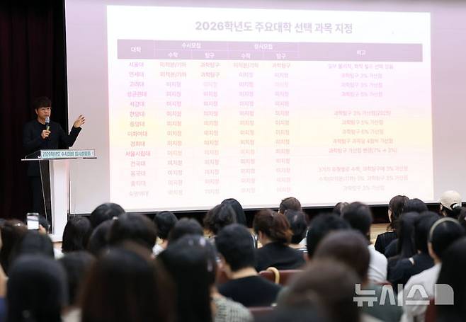 [서울=뉴시스] 배훈식 기자 = 송파구 2026학년도 수시대비 대학 입시설명회가 열린 13일 오전 서울 송파구청 대강당에서 입시연구소 길 김학수 강사가 입시정보를 설명하고 있다. 2025.08.13. dahora83@newsis.com