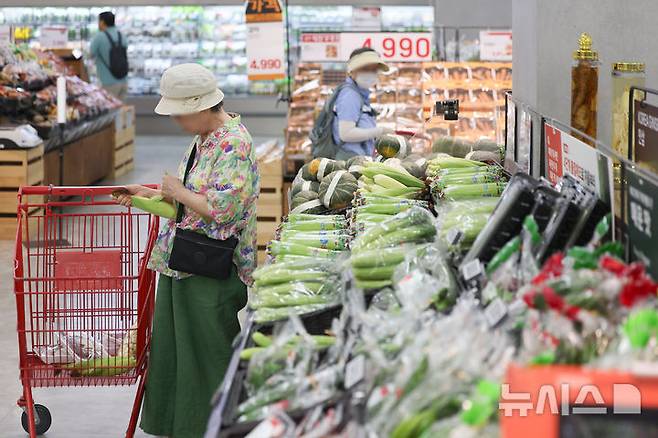 [서울=뉴시스] 김선웅 기자 = 8월 소비자물가 상승률 9개월 만에 최저치를 기록했다. 통계청 8월 소비자물가동향에 따르면 지난달 소비자물가지수는 116.45로 지난해 동월 대비 1.7% 상승해 작년 11월(1.5%) 이후 9개월 만에 가장 낮은 수준을 보였다. 석유류 가격이 낮은 수준을 유지하고 SK텔레콤이 통신요금을 큰 폭으로 할인한 영향이지만 농축수산물 가격은 작년 7월(5.5%) 이후 13개월 만에 가장 큰 폭으로 올랐다. 2일 서울 소재 유통매장에서 소비자들이 쇼핑을 하고 있다. 2025.09.02. mangusta@newsis.com