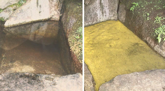 일본 후쿠시마현 모토미야시 이와츠노산(岩角山)에 있는 사찰 간카쿠지(岩角寺) 샘물에서 ‘금화수’(金花水) 현상이 나타났다. 평소 투명한 샘물(사진 왼쪽)과 비교하면 확실히 금빛으로 빛나는 모습이다. TV-U 후쿠시마 보도화면 캡처