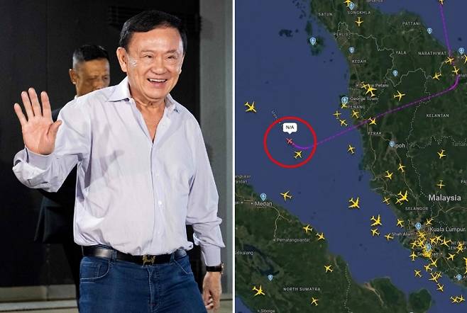 태국 탁신 친나왓 전 총리(왼쪽)가 방콕에서 지지자들에게 손을 흔들고 있다. 오른쪽은 그의 전용기 ‘밤바디어 글로벌 7500’의 비행경로로, 애초 싱가포르로 향하다가 말레이시아 상공에서 급히 선회한 뒤 두바이로 향하는 모습이 비행 추적 데이터에 포착됐다. AFP 연합뉴스·Army Military Force 페이스북