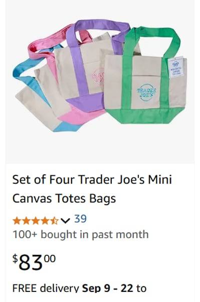 품귀 현상을 빚고 있는 트레이더 조 미니 캔버스 토트백. 미국 아마존에도 개당 20달러 언저리에 팔리고 있다. /인터넷 캡처