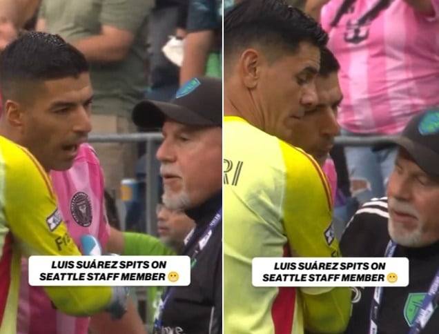 MLS 인터 마이애미의 루이스 수아레스가 1일 시애틀 사운더스와의 리그스컵에서 3대0으로 패배한 후 상대팀 직원에게 침을 뱉고 있는 모습./ 엑스(X)