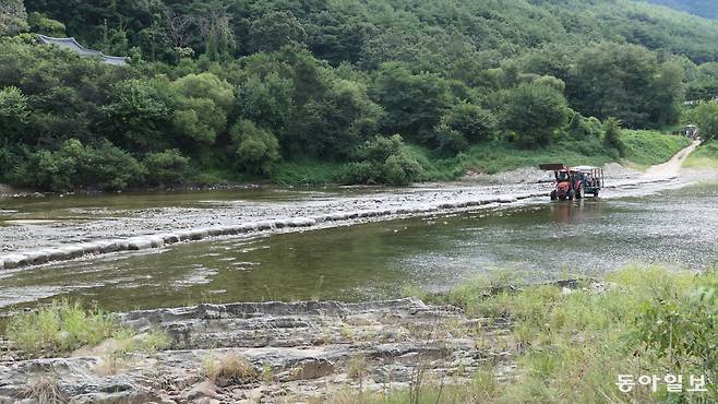 안동 맹개마을에서 농암종택으로 이어지는 징검다리. 최근에 놓았다. 보통은 맹개마을 주인이 트랙터를 개조한 차량에 방문객을 태우고 물길을 가로지른다. 주로 양조장 투어 참가자나 주인 부부가 운영하는 펜션 숙박객들이다.