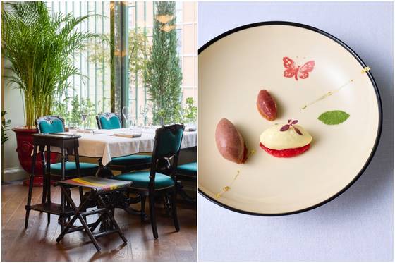 (왼쪽) 구찌 오스테리아 서울 청담 전경. (오른쪽) 피오르 디 라테, 헤이즐넛, 밤 젤라또를 조화롭게 구성한 디저트 ’젤라또 미스토’. 사진 구찌