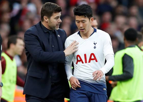토트넘 사제지간이었던 포체티노(왼쪽) 감독과 손흥민. [로이터=연합뉴스]