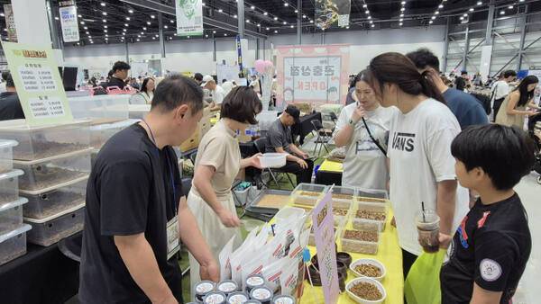 6일 수원메쎄 ‘2025 코리아 애니멀 포럼’을 찾은 관람객이 경기도곤충산업연구회원사인 ‘밀웜나라’에서 판매하는 곤충 먹이용 밀웜을 구매하고 있다. 금유진기자