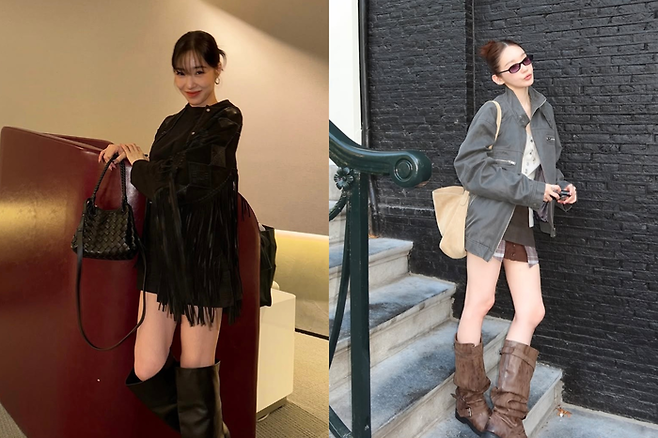 1690년대부터 1730년대까지 카리브해 연안에서 활동한 해적 이미지에서 영감을 받은 러플 블라우스, 가죽 부츠, 조끼 등의 옷이 인기를 끌고 있다. 가수 소녀시대 티파니와 다비치 강민경이 각각 해적코어 패션을 착용한 모습. [사진 = 티파니, 강민경 인스타그램]