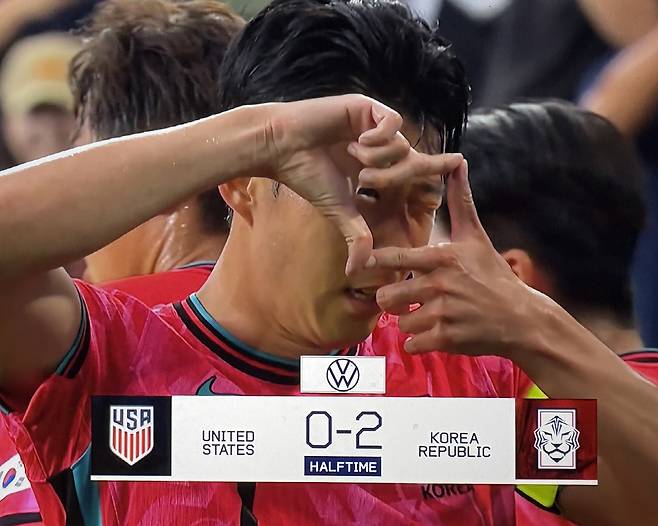 포체티노호를 상대로 1골 1도움 원맨쇼를 펼친 손흥민. 뉴욕에서 찰칵 세리머니를 선보였다 .중계화면