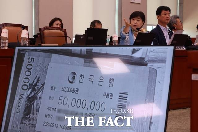 더불어민주당이 7일 서울남부지검의 ‘관봉권 띠지 분실 사건’과 관련해 "특별검사(특검) 수사가 필요하다"고 강조했다. 지난 5일 서울 여의도 국회에서 열린 법제사법위원회 검찰개혁 입법청문회에서 관봉권 띠지 분실과 관련해 서영교 민주당 의원이 질의하고 있다. /뉴시스