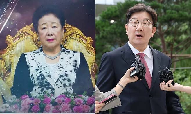 31일 통일교 쪽에서 언론에 배포한 영상 속 한학자 총재(왼쪽)와 지난 27일 특검에 출석할 때 권성동 국민의힘 의원. 문화방송(MBC) 뉴스 유튜브 갈무리, 연합뉴스