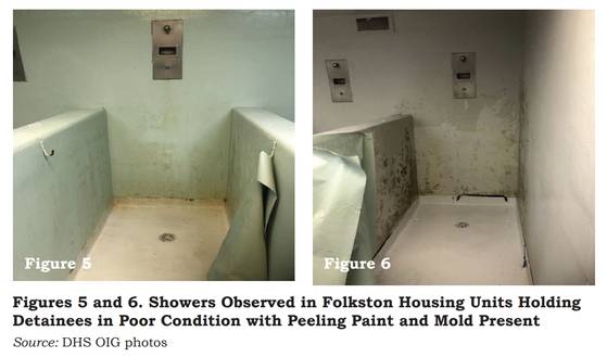 미국 이민 당국에 체포된 한국인 300여명 중 대부분이 수감된 미국 조지아주 포크스턴의 이민세관단속국(ICE) 시설의 샤워장. 이 사진은 2021년 11월 진행된 미국 국토안보부(DHS)의 감사 당시 촬영됐다. 美 국토안보부= 연합뉴스