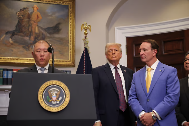 정의선 현대차그룹 회장이 지난 3월 미국 백악관에서 대규모 미국 투자 계획을 발표하고 있다. 로이터연합뉴스