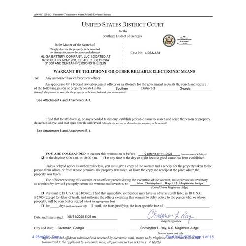 현대차그룹·LG에너지솔루션의 합작 배터리 공장(HL-GA 배터리 회사) 건설 현장에 대한 미국 이민 당국의 단속 영장. 연합뉴스