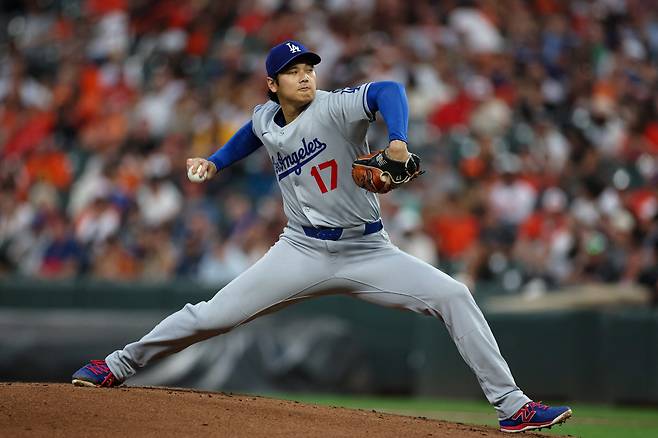 LA 다저스 오타니 쇼헤이가 지난 6일(한국시각) 캠든야즈 오리올파크에서 열린 볼티모어 오리올스전에서 100마일 이상의 직구를 자신의 한 경기 최다인 11개를 던졌다. AFP연합뉴스