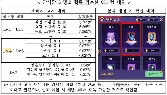 암시장 레벨별 획득 가능한 아이템 내역. /공정거래위원회제공