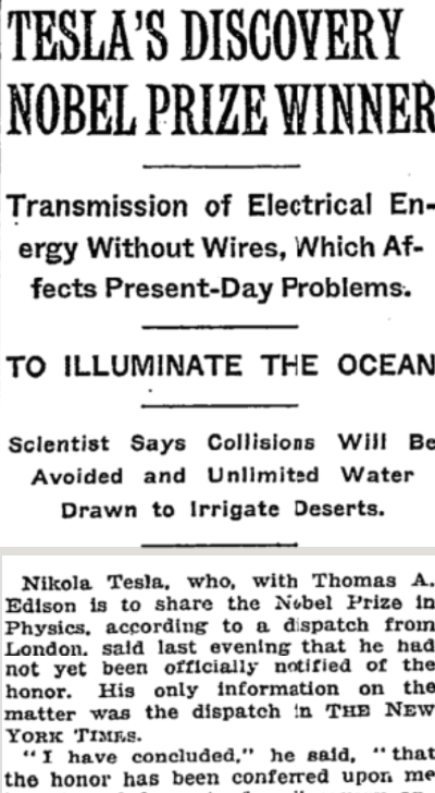 에디슨과 테슬라의 1915년 노벨물리학상 수상 보도(오보) 직후인 그해 11월 7일자 뉴욕타임스 니콜라 테슬라 인터뷰 일부. timesmachine.nytimes.com/