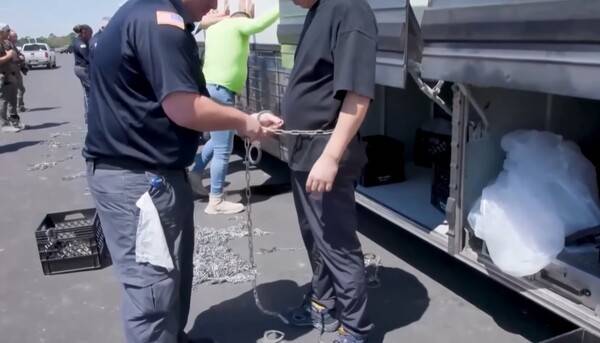 ▲미국 이민세관단속국이 공개한 공장 건설부지 구금 장면. 사진=미국 이민세관단속국