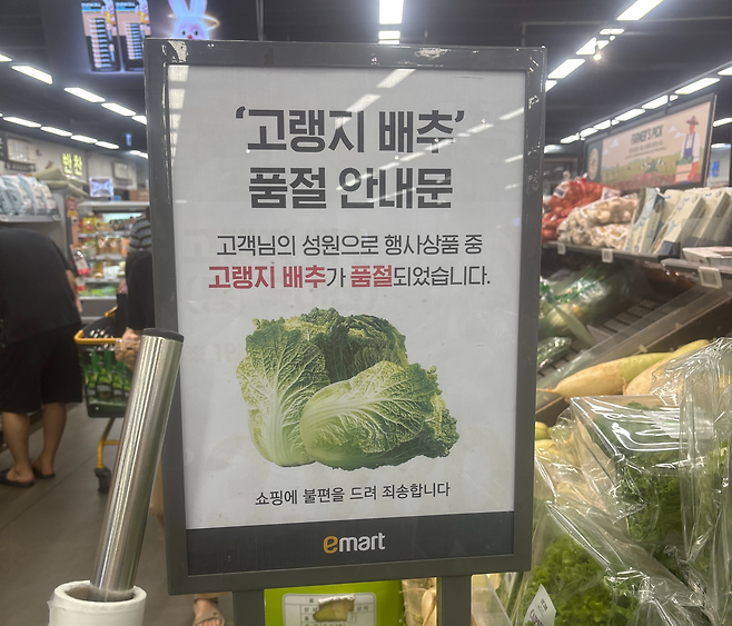 이마트의 ‘고래잇 페스타’ 행사 마지막 날인 지난 7일 이마트 마포점 농산물 코너에 ‘고랭지 배추 품절’ 안내문이 게재돼 있다. [독자 제공]