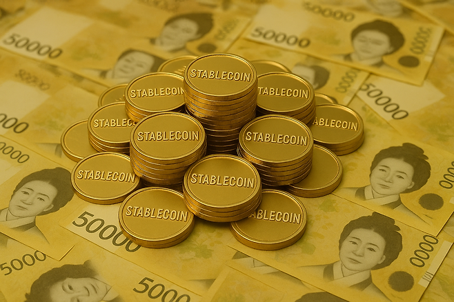 5만원권 지폐 위에 쌓여 있는 스테이블코인을 형상화 한 모습 [챗GPT를 이용해 제작함]