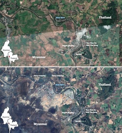사진 위는 2019년 11월, 아래는 2025년 2월 미얀마와 태국 국경 지역에 있는 미얀마 도시의 위성 사진. 5년 새 빽빽하게 들어선 건물 대부분은 외국인들을 납치하고 감금한 뒤 범죄에 투입하는 사기 조직 소유로 알려졌다. 구글어스 제공