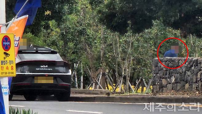 사진 왼쪽 불법 주정차 단속 중이라는 팻말이 무색하게 안전지대 내 차를 세운 뒤 용변을 해결하기 위해 공원 안쪽으로 들어가고 있는 택시 기사.ⓒ제주의소리