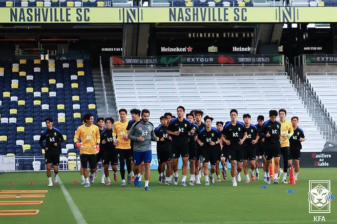 대한민국 축구 국가대표팀 선수들이 9일(한국시간) 미국 테네시주 내슈빌의 지오디스파크에서 멕시코와의 친선경기를 앞두고 훈련하고 있다. (대한축구협회 제공, 재판매 및 DB 금지) 2025.9.9/뉴스1 ⓒ News1 김진환 기자