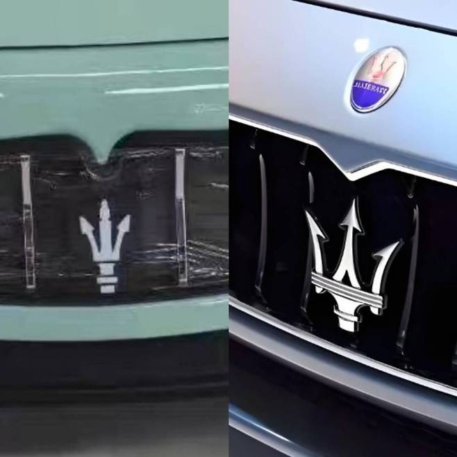 마세라티 스타일  노인용 전기차(라오터우러)(왼쪽)와 마세라티 로고 비교. 봉면뉴스