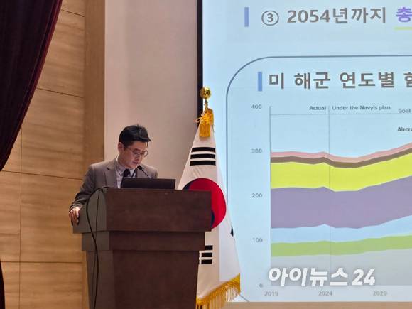 이수억 방위사업청 북미지역협력담당관이 9일 국회에서 진행된 '한·미 함정 MRO 군·산 융합발전 포럼'에서 발언하고 있다. [사진=최란 기자]